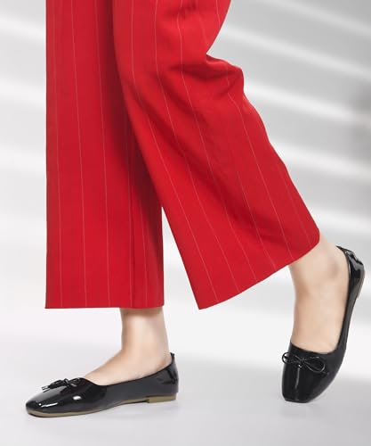Image of JM LOOKS Elegant Glossy Patent Leather Pointed Toe Flats with Delicate Bow Accent for Professional and Occasion Wear