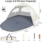 Beach Tent for 3-4 Person, Lightweight Beach Tent Sun Shelter with UV Protection, 3 Mesh Roll Up Windows & 8.0mm Fiberglass, Easy Assemble