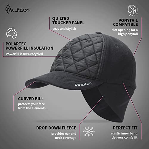 Trailheads Women's Winter Ponytail Hat | Trucker Hat With Drop Down Ear Warmers | Quilted Hat - Black #TOP2
