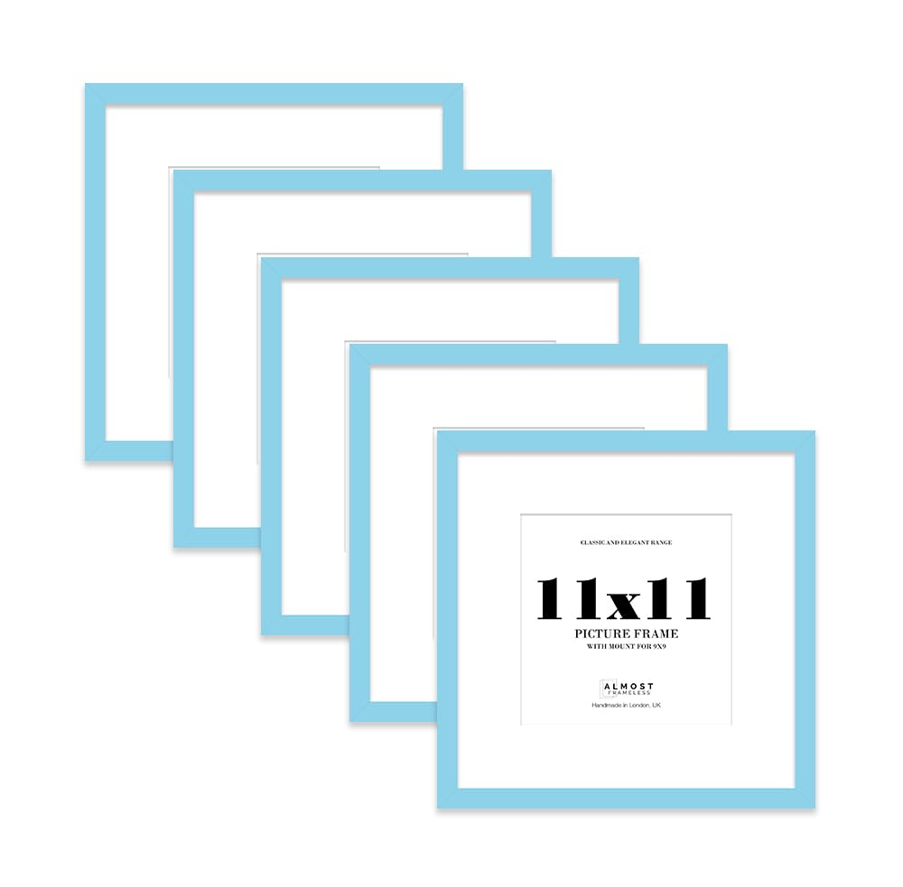 11x11 Light Blue Picture Frame with Mount for 9x9 Photos, Prints - Modern Square Wall Frame, Set of 5