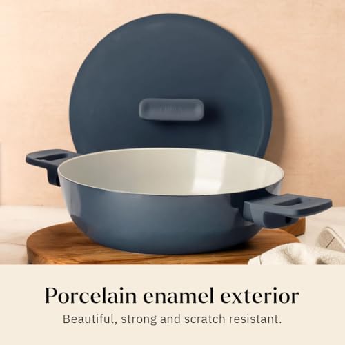 Image of Ember Cookware Arcilla Ceramic Kadai 24 cm, 2.6L with Metallic Lid | 75% Less Oil Usage | Lightweight, Non-Toxic Non-Stick Ceramic kadai | PFAS & PFOA Free | Matching Handle-Gas Compatible | Blue