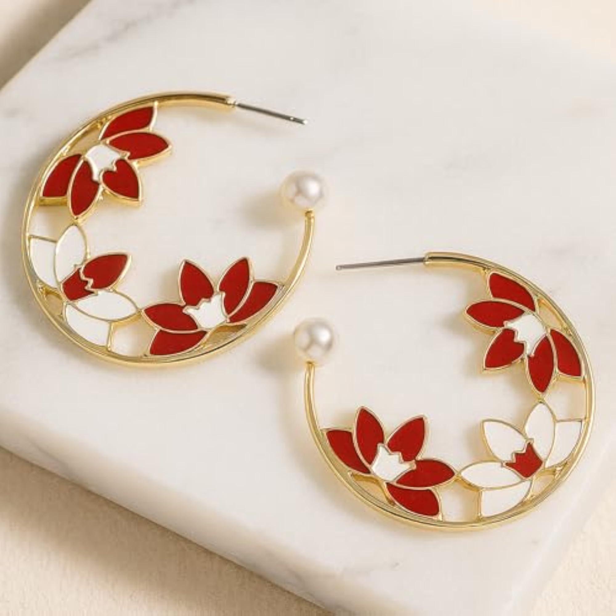 Women's Stylish Half Hoop Red Lotus Earrings