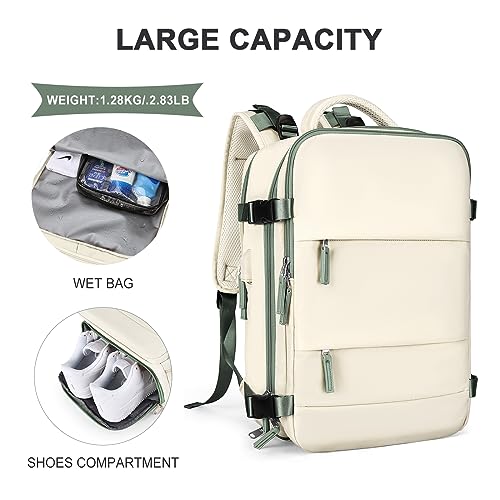 Image of coowoz Large Travel Backpack for Women Men,Carry On Backpack Flight Approved,Hiking Backpack Outdoor Rucksack Casual Daypack Fit 15.6 Inch Laptop Shoes Compartment White Green L