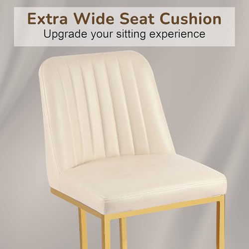 Image of LSSBOUGHT Counter Height Bar Stools Set of 2 24'' Upholstered Padded Barstools with Back Leathaire Counter Stools for Kitchen Island Chairs with Gold Metal Iron Frame, Beige