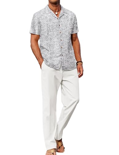 Image of COOFANDY Men 2 Piece Linen Outfit Beach Button Down Shirt Casual Loose Pant Sets