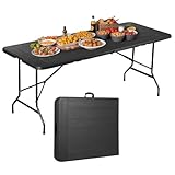 ZenStyle Indoor Outdoor Heavy Duty Plastic Folding Table Portable Picnic Table Fold-in-Half Utility Table w/Handle and Steel Legs for Camping, Dining, Party (Black, 6ft)