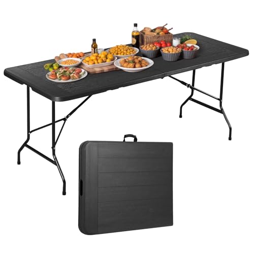 ZenStyle Indoor Outdoor Heavy Duty Plastic Folding Table Portable Picnic Table Fold-in-Half Utility Table w/Handle and Steel Legs for Camping, Dining, Party (Black, 6ft)