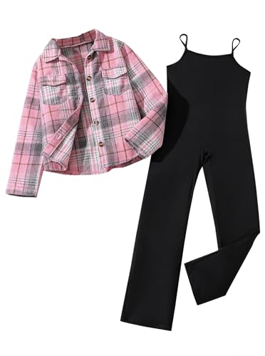 Ecolala Girls 2 Piece Fall Outfit Long Sleeve Button Down Plaid Shirts and Cami Jumpsuit Set Pink Black 9-10Y