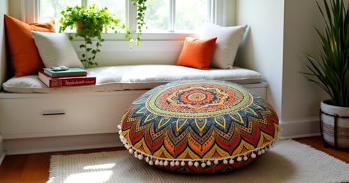 Round Mandala Floor Pillow Cover Seating Cushion Throw Case Hippie Decorative Bohemian Ottoman Pouf Cover, Pom Pom Pillow Cases,Boho Indian 22 Inches (New Blue) - Image 2