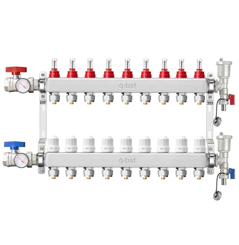 ABST PEX Manifold,9 Loop Stainless Steel Floor Radiant Heat Manifold Kit with 1/2" Adapters Included for Hydronic Radiant Floor Heating