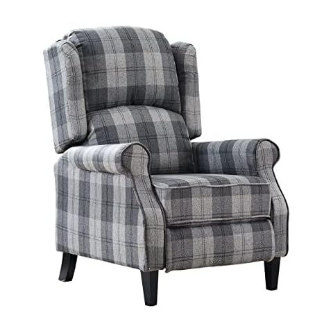 BonChoice Tartan Fabric Grey Recliner Chairs for Living Room Bedroom Fireside, Adjustable Armchair Lounge Reclining Sofa Home Theater Individual Seating, Wing Back Design with Vintage Check Pattern Cover