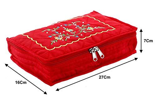 Image of Amazon Brand - Solimo Cotton Jewellery Kit Cum Pouch, Red Satin Jewellery Cum Makeup Kit Pouch, Purple