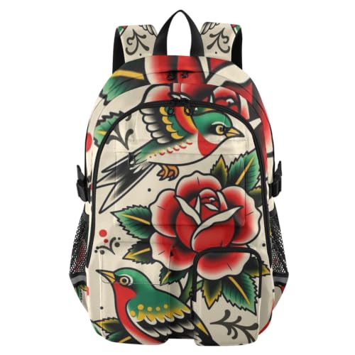 Mochila para laptop rosa de golondrinas para ir a clase con estilo tatuaje