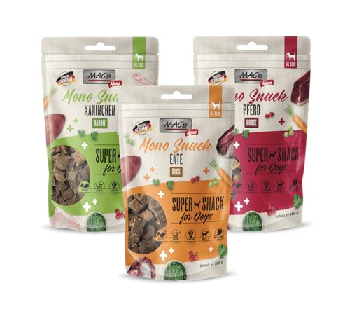 MACs Dog Mono Snack Multipack 3 x 100g Probierpaket | Getreidefreier, hochfleischiger Soft-Snack | natürlicher Hundesnack ohne Zusatzstoffe | ideal für empfindliche Hunde | Pferd, Ente & Kaninchen