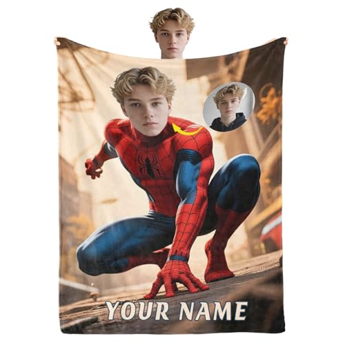 Adsbulu Personalized Superhero Blanket for Kids with Photo and Name - Custom Super Hero Throw Blankets for Boys Girls Birthday Christmas