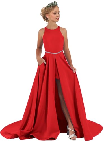 High Low Flower Girl Dress Satin Beaded Pageant Dresses for Girls Kids Party Formal Gown with Pockets