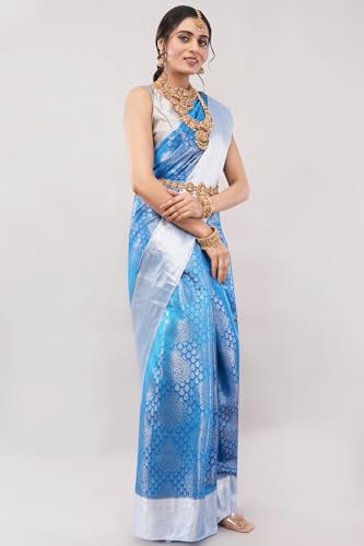 Image of Ambrarambh Cerulean Blue Silver Zari Woven Kanjivaram Silk Saree Brocade Pattern Traditional Ethnic Draping Wear