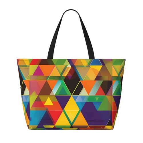 Colorful Geometric Print Large Beach Tote Bag Women Waterproof Sandproof Zipper Beach Tote Bag For Pool Gym Grocery Travel With Wet3