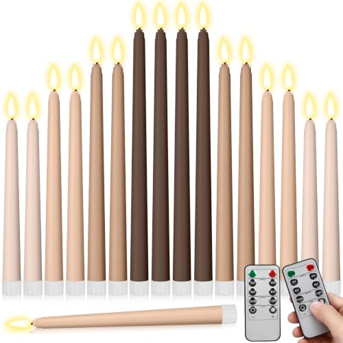 Image of Rossesay 16 Pcs Brown Flameless Taper Candles Battery Operated Candles with Remote Timer 8.5 inch 9.6 inch 10.8 inch 12.8 inch Multiple Sizes LED Flickering Candlestick for Wedding Party Centerpieces Decor