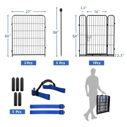 ADAVIN Tall Garden Fence with Low Threshold Door,54 in(H) 4 Panels Total 8.8 Ft(L) Fencing for Dogs, Garden Fence Animal Barrier, Black Iron Metal Heavy Duty Dog Fence Outdoor for Yard