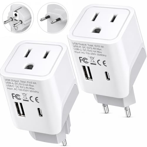 Ceptics European Travel Plug Adapter Compact Type C & F Adapter with USB-C & A + USA Input Safe Grounded Schuko Adapter Travel Charger for France Germany & More CTU-9-9C-PK