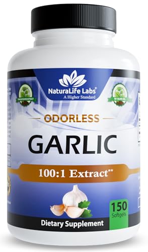 NaturaLife Labs Odorless Garlic Supplement – 30 mg Garlic Extract (100:1) Softgels per Serving with Organic Olive Oil – 150 Count – Non-GMO, Gluten-Free