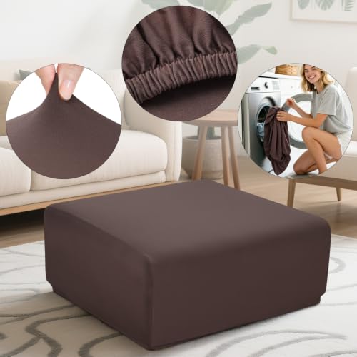 Image of YISUN Super Stretch Square Ottoman Cover - Soft Form Fit Ottoman Slipcover for Foot Stool & Folding Storage, Washable Furniture Protector with Non-Slip Elastic Bottom (L, Coffee)