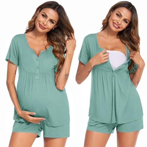 Ekouaer Conjunto de pijama de maternidad para mujer, de manga corta, para embarazo, ropa de dormir para hospital, tallas S-XXL, Agua, M