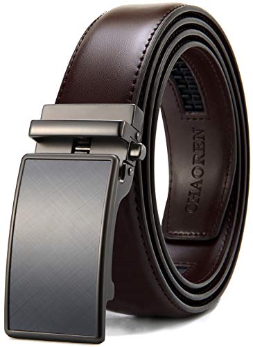 Chaoren Leather Ratchet Dress Belt 1 3/8 with Formal Slide Buckle, Adjustable Trim to Fit in Gift Box (Dark Brown Belt)