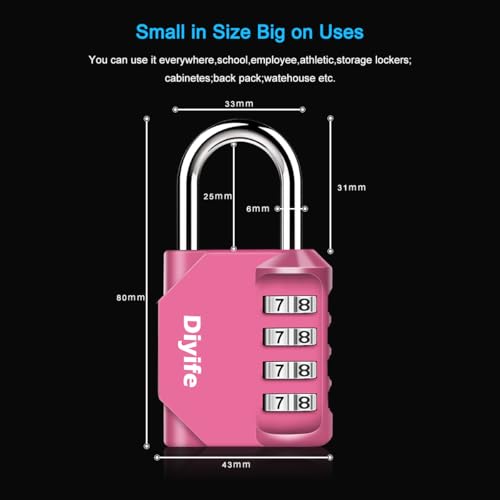 Image of 4 Digit Combination Padlock, Diyife Weatherproof Outdoor Password Padlock | Resettable Combination Lock, High Security for School Gym Sports Lockers, Tool Boxes, Basement (4 Pack, Pink)