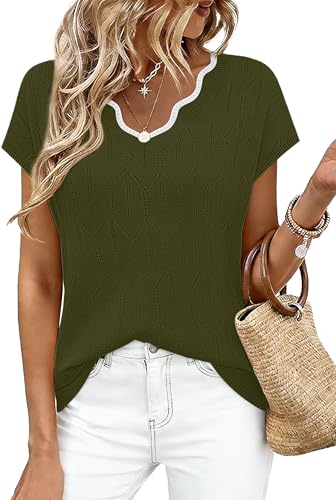 Image of WIHOLL Womens Summer Tops Cap Sleeve Sweater V Neck Shirts Beach Vacation Clothes Business Casual Fashion Clothing