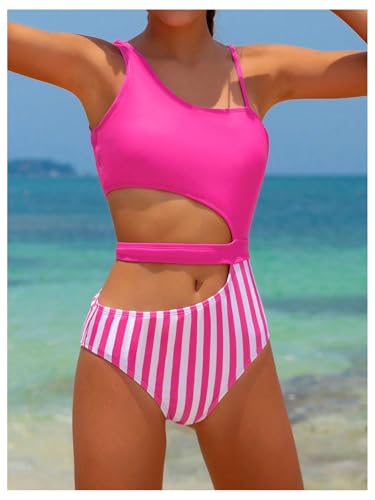 OYOANGLE Girl's Cut Out One Piece Swimsuit Striped Print Asymmetrical Neck Bathing Suits Swimwear4