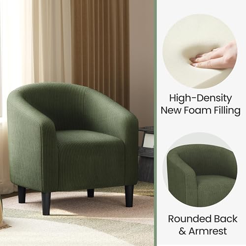 Image of Yaheetech Corduroy Accent Chairs, Compact Furry Barrel Chairs with a Curved Silhouette for Small Spaces, Living Room, Bedroom, Dark Green