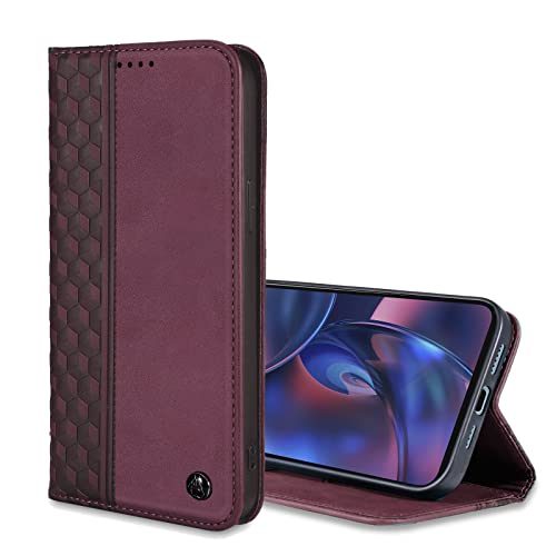 Image of Wallet Case for Motorola Edge 2022 6.6 inch - Moto Edge 2022 Flip Case [Strong Magnetic] PU Leather Folio Case with Card Holder Kickstand Protective Phone Cover - Wine Red