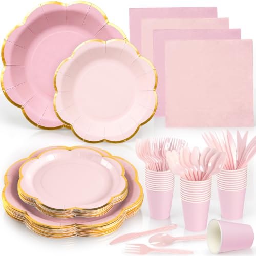Pink Paper Plates and Napkins Party Supplies for 24 Guest 168Pcs Pink Scalloped Mothers Day Party Plate with Gold Rim Pink Disposable Plates Set for Girls Birthday Party Baby Shower Gender Reveal