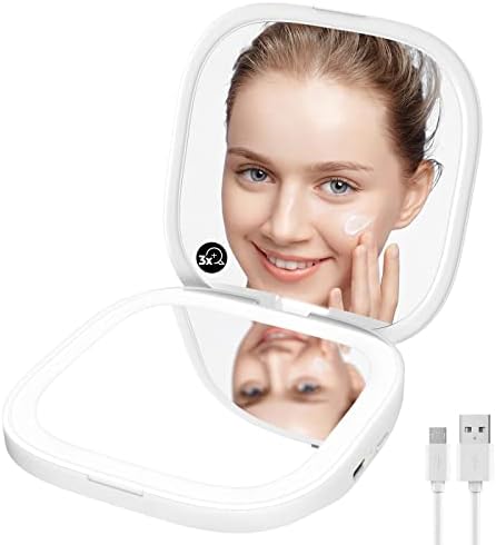 Matekxy Compact Pocket Mirror 3.5inch, 1X/3X Magnification LED Travel Makeup Mirror with Light, Dimmable Handheld Vanity Folding Rechargeable Mirror Small Comestic Mirror for Gift - White