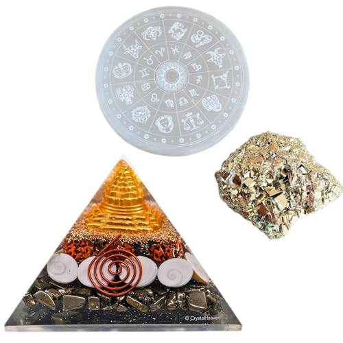 Image of inchOriginal Pyrite Stone with Natural Selenite Charging Plate | Lab Certified Crystal Set for Wealth, Business Luck, Reiki Healing & Vastu Energy inch (SEL+ PY+PYRAMID)