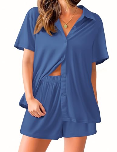 Image of Ekouaer Pajama for Women Set Short Sleeve Button Down Pajamas Sets Soft Lounge Sets for Women Sleepwear PJS