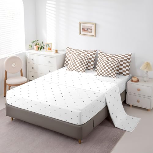 Image of Erosebridal Geometric Checkered Twin Bed in A Bag 7 Piece White Khaki Checkerboard Grid Bedding Set,Buffalo Plaid Gingham Comforter Set with Sheet for Kids Adults Men Geometrical Bed Set