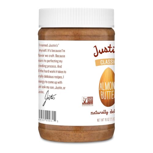 Image of Justin's Classic Almond Butter, Only Two Ingredients, No Stir, Gluten-free, Non-GMO, Keto-friendly, Responsibly Sourced, 16 Ounce Jar, Pack of 1