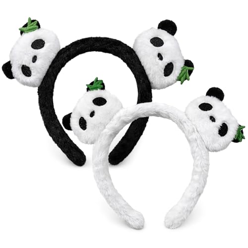 JazSwirl Panda Headband 2-Pack Plush Panda Ears Hairband Black White Panda Bear Ears for Women Cute Panda Ears Hairband for Panda Lovers