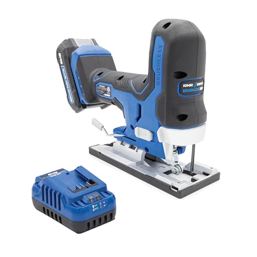 Kreg 20V Ionic Drive Barrel Grip Jigsaw, 20V Blue Ion Charger & Blue Ion 2Ah Battery Pack - Cordless & Compact - Precision Cutting - 20V Variable Speed - LED Lights & Built-In Blower - KPTBJS100A