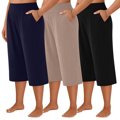 Neer 3 Pack Women's Plus Size Capri Pants, Wide Legs Elastic Waist Capris with Pockets Lounge Loose Sweatpants