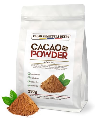 Cacau V Delta cacau puro em pó natural, 250 g, pó 10/12 sem açúcar, sem glúten, sem alérgenos, vegan e sem OGM, antioxidante com lavonóides para uma alimentação ideal