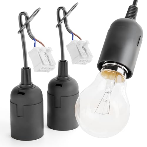 greate 3x Casquillos para bombillas E27 negro con conector rápido - Casquillo E27 incl. alivio de tensión - portalamparas E 27 máx. 60W 250V - portalámparas e27, portabombillas, porta bombillas