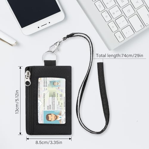 minimalist small wallet for men women with 2 zip pockets multi functional id case with keychain and card holder coin purse badge lanyard pouch for boys girls travel -black