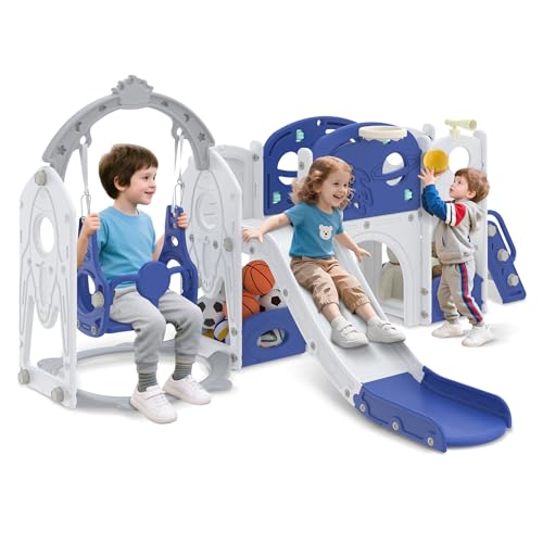 SUBTLETY Freistehende Rutschen 9-in-1 Kinder Gartenrutsche mit Kletterwände, Schaukel, Spielturm, Sandkasten, Fernrohr, Tunnel, Ringwurfspiel, Rollenspielzeug & Basketballkorb für Innen & Außen SUBTLETY Freistehende Rutschen 9-in-1 Kinder Gartenrutsche mit Kletterwände, Schaukel, Spielturm, Sandkasten, Fernrohr, Tunnel, Ringwurfspiel, Rollenspielzeug & Basketballkorb für Innen & Außen