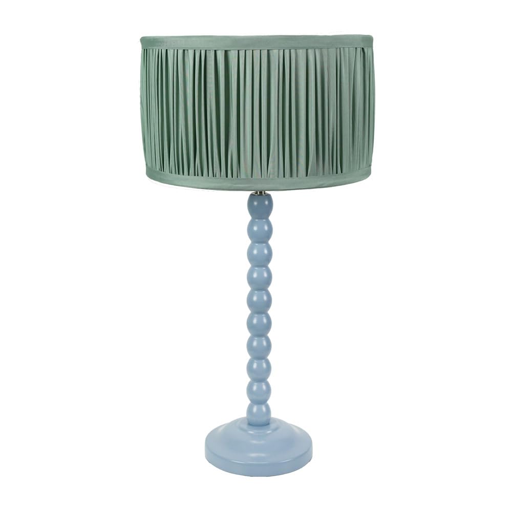 ValueLights | Powder Blue Bobbin Stem Table Lamp with Green Ruched Pleated Shade Living Room Bedroom Light | Table Lamps, Home Décor & Improvement Essential | Included LED Bulb