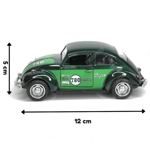 Image of Classic Vintage VW Beetle Diecast Metal Pullback Toy car with Openable Doors for Kids | 1:36 Scale Model | Pull Back | Gift for Boys Girls (Green with Stripes)