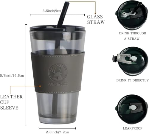 Image of ANKUL Modern Glass with Leather Sleeve Tumbler with Straw, Lid & Grip - 450ml Reusable Cup for Coffee, Smoothies, Juice (1, Long Lather Grey Tumbler)